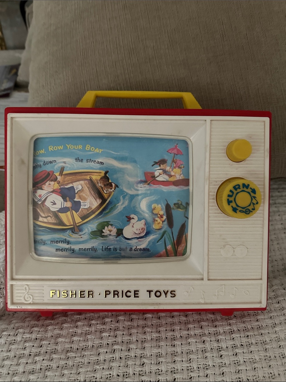 Vintage Fisher-Price Red, Yellow and White Toy TV with Storyboard Screen